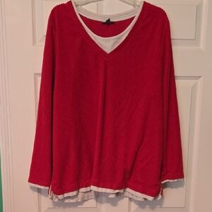 Essentials Plus Size Red V-Neck Long Sleeve Top